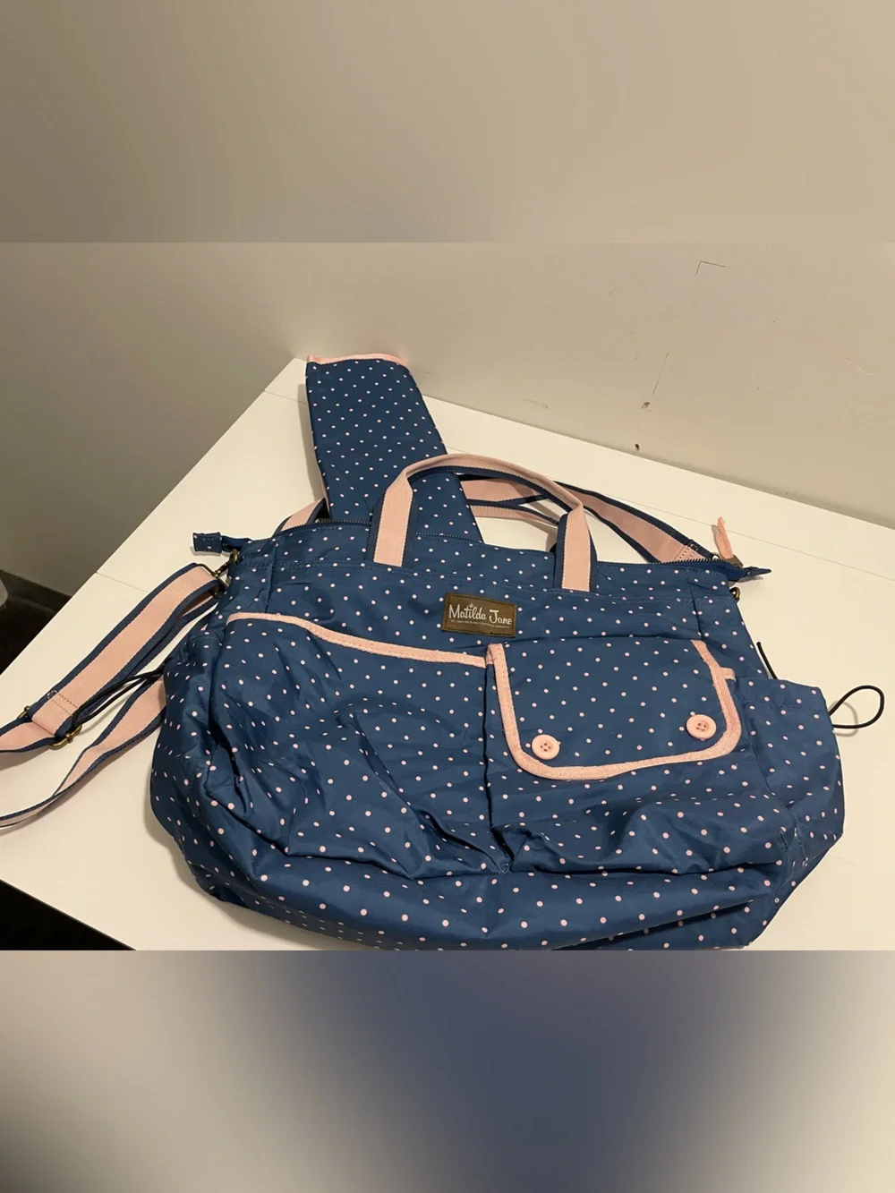 Matilda Jane Brand The Essentials Diaper Bag Navy Blue Pink Polka Dots
